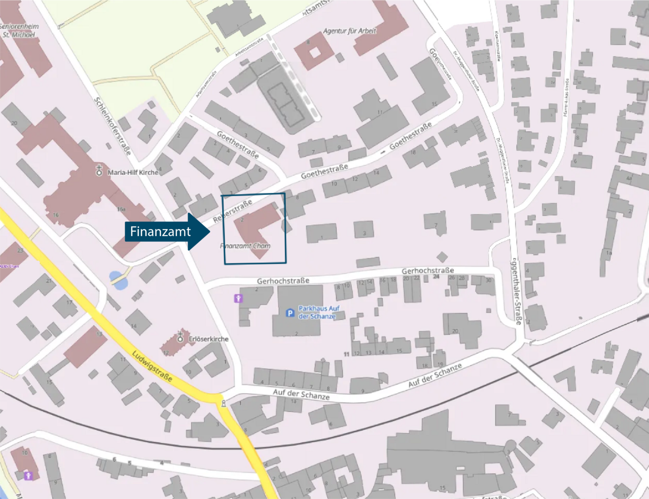 Lageplan mit Markierung des Finanzamts Cham, Reberstraße