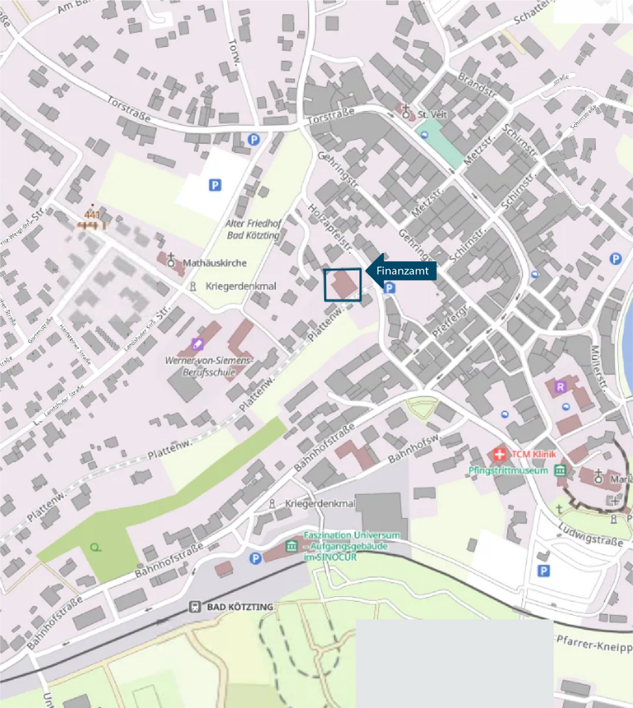 Lageplan mit Markierung des Finanzamts Bad Kötzting, Holzapfelstraße